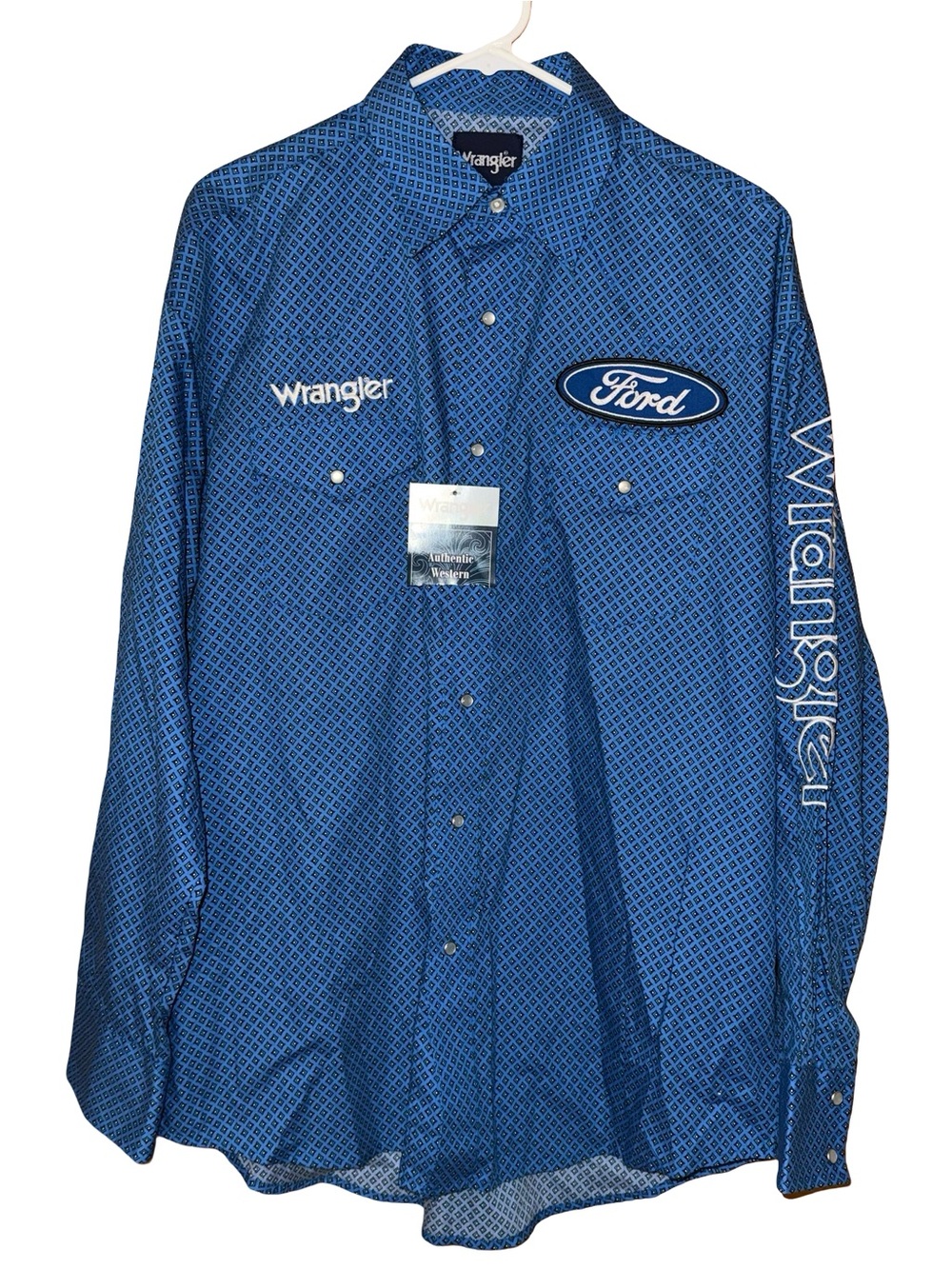 NWT Wrangler x Ford Logo Blue Geometric Plaid Western Pearl Snap Shirt - Men's L